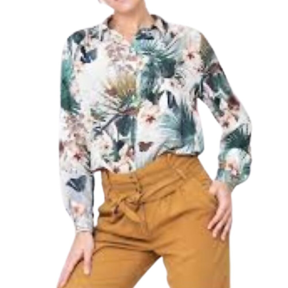 H&M Multicolor Button-Up Blouse Tropical Jungle Print Bird Floral Butterfly